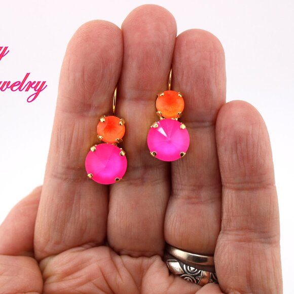 Neon Blaze 12mm Hot Pink and 8mm Orange Double Drop Lever Back Earrings - Picture 7 of 7
